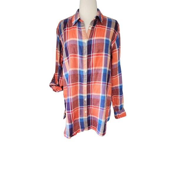 Lauren Ralph Lauren Linen Plaid Button Down Shirt Womens Large Academia Coastal - Picture 2 of 10
